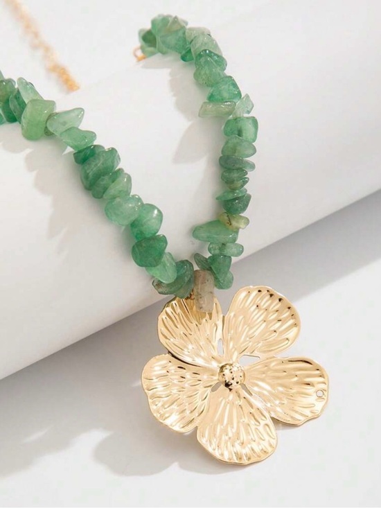 Anthropologie Jewelry - Gold Flower Pendant Necklace with Green Beads - Women Jewelry